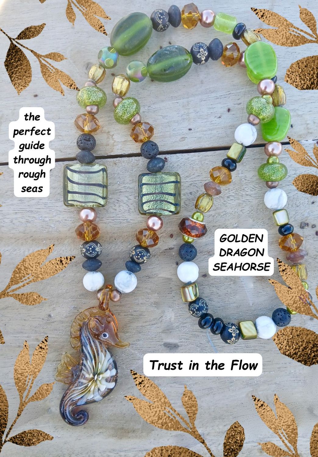 Golden Dragon Sea Horse, blown glass pendant on vintage glass and Lava beaded necklace, protection- POWER of the OCEAN