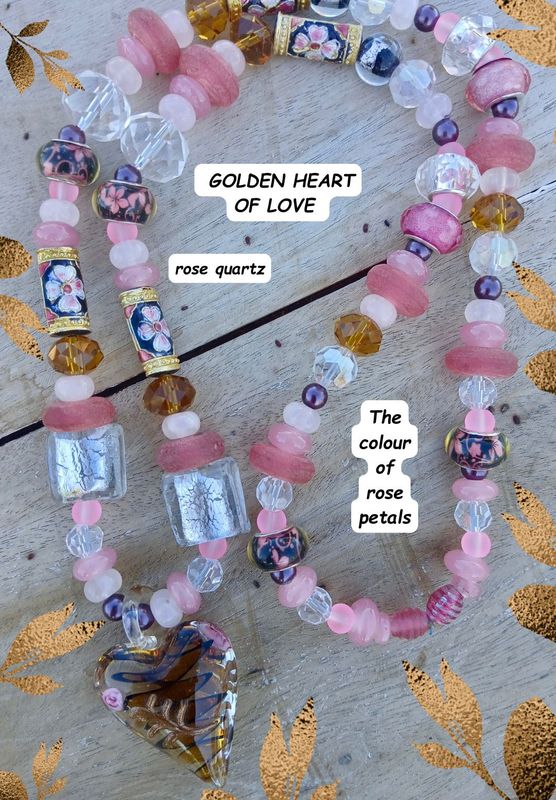 Reduced from $111 Golden Heart of Love, blown glass heart beaded necklace with Rose Quartz, Divine Mother- POWER of LOVE