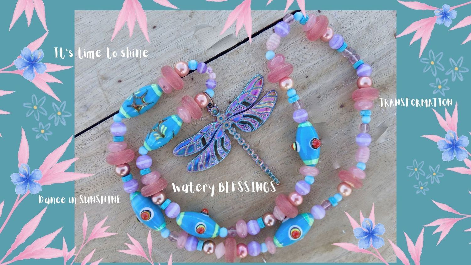 Watery Blessings Rainbow Dragonfly with vintage glass and resin beaded necklace- transformation. It's time to SHINE.- celebrate- be beautiful YOU