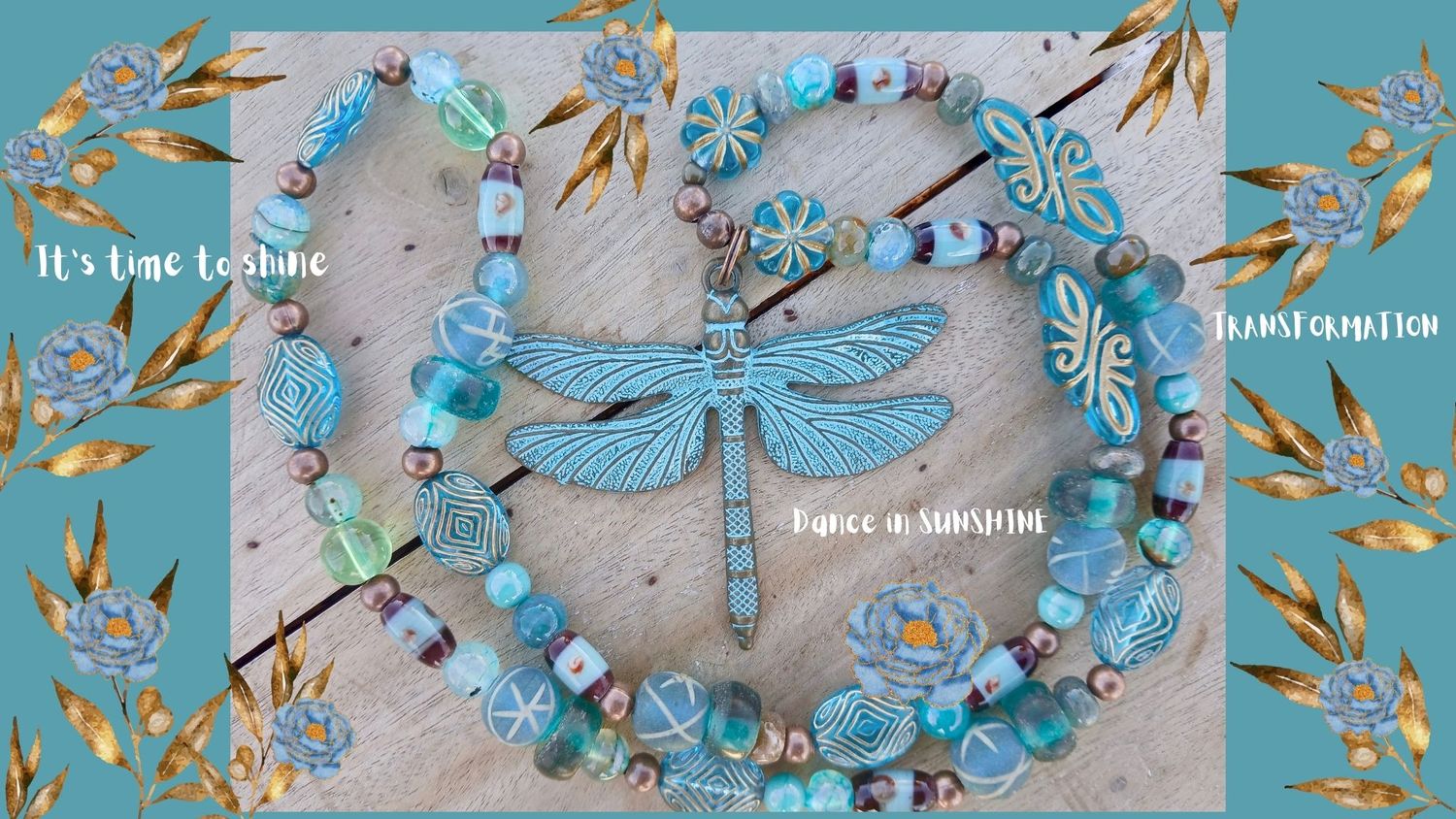 Dance in SUNSHINE Dragonfly with vintage glass and resin beaded necklace- transformation. It's time to SHINE.- celebrate- be beautiful YOU
