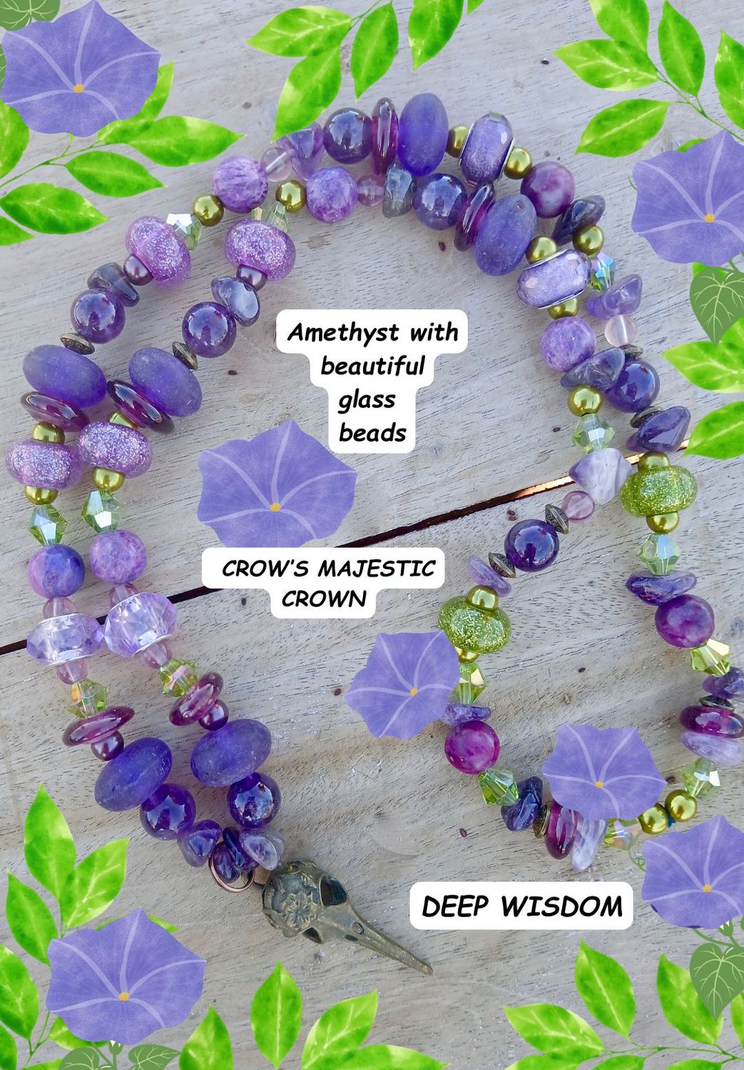 CROWS Majestic CROWN with Amethyst, gemstone and vintage glass beaded necklace- deep wisdom- seeing beyond the veils