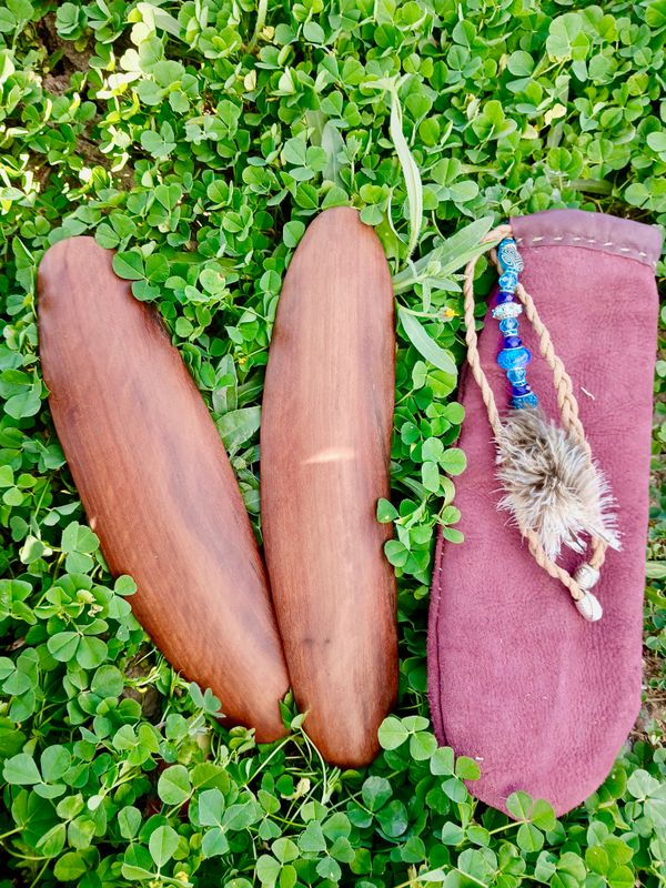 FLOW like Sacred Water Native BOX Shaman Sticks with recycled, vintage leather, hand-sewn pouch with TAWNY frogmouth feathers-