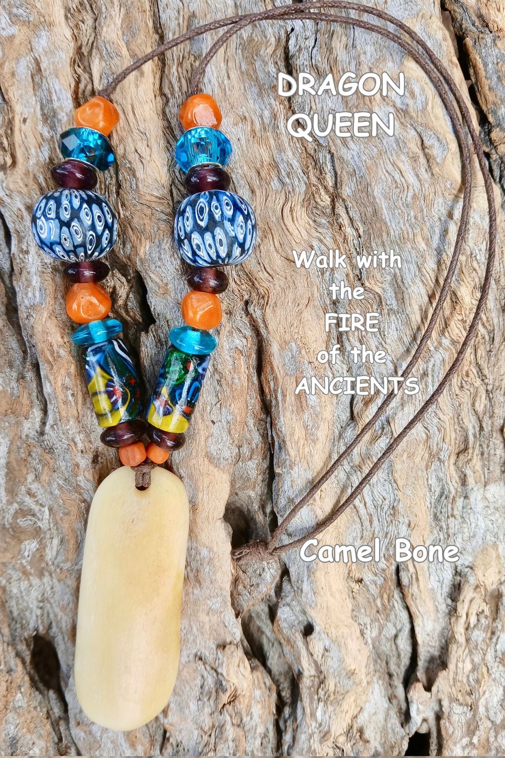 DRAGON QUEEN power amulet with vintage beads and carved Camel Bone- AWAKENING- POWER from nature