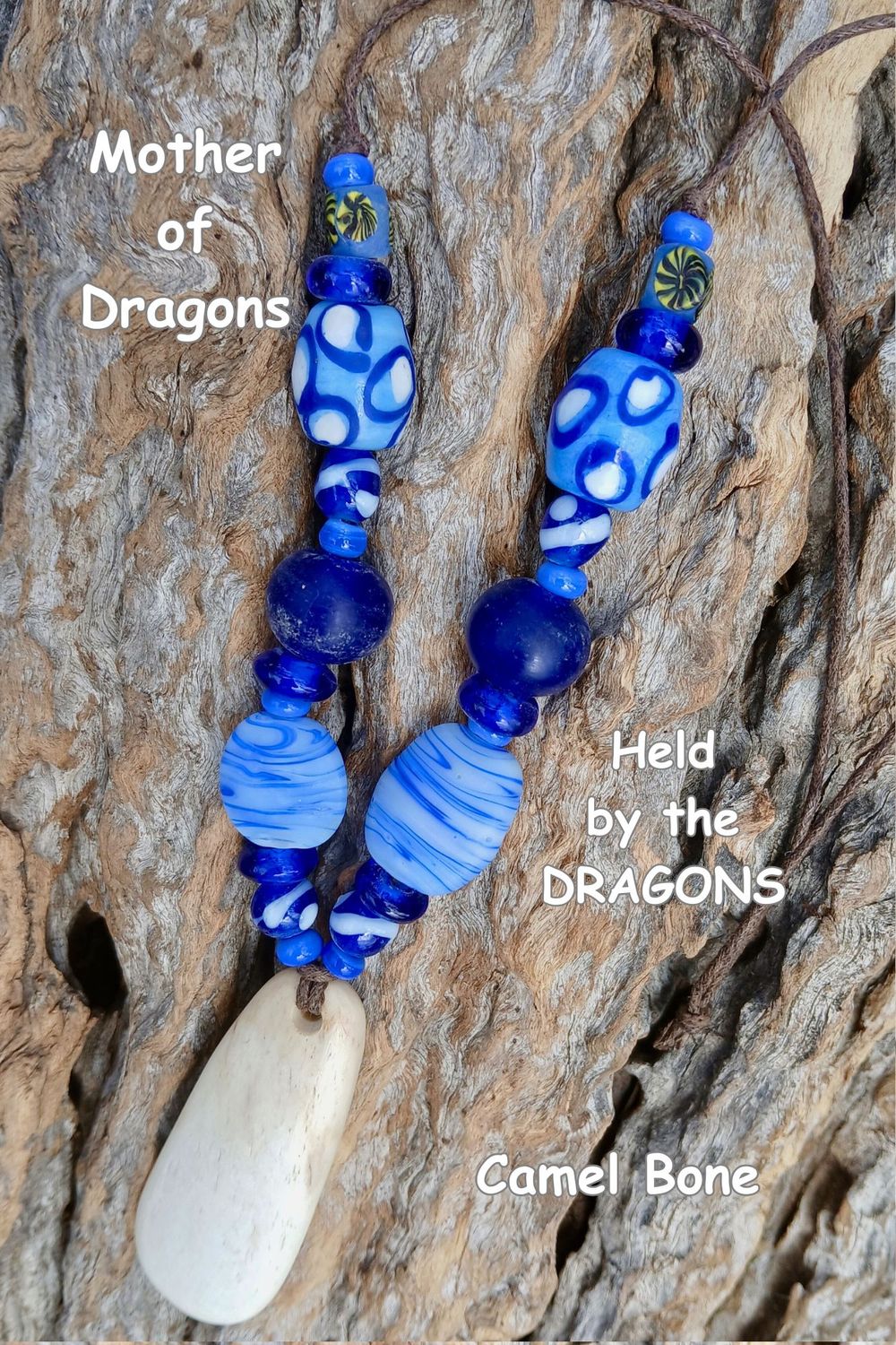 MOTHER of Dragons power amulet with vintage beads and carved Camel Bone-Held by the Dragons- POWER from nature