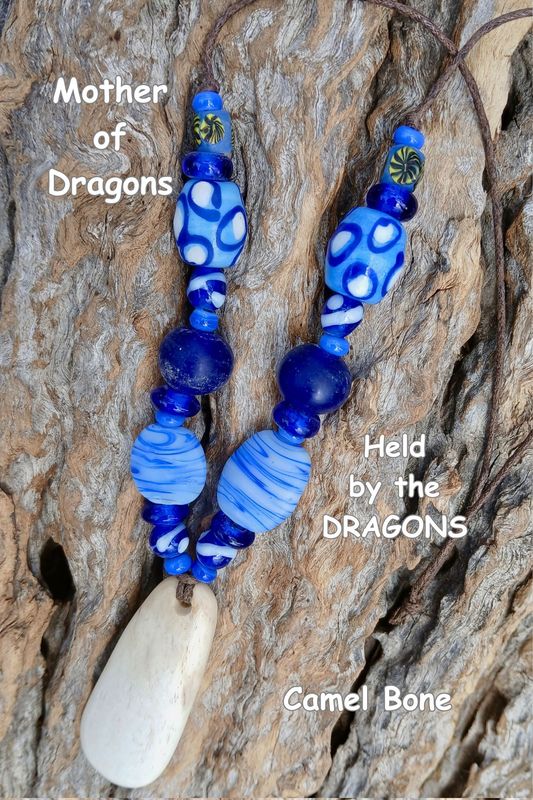 MOTHER of Dragons power amulet with vintage beads and carved Camel Bone-Held by the Dragons- POWER from nature