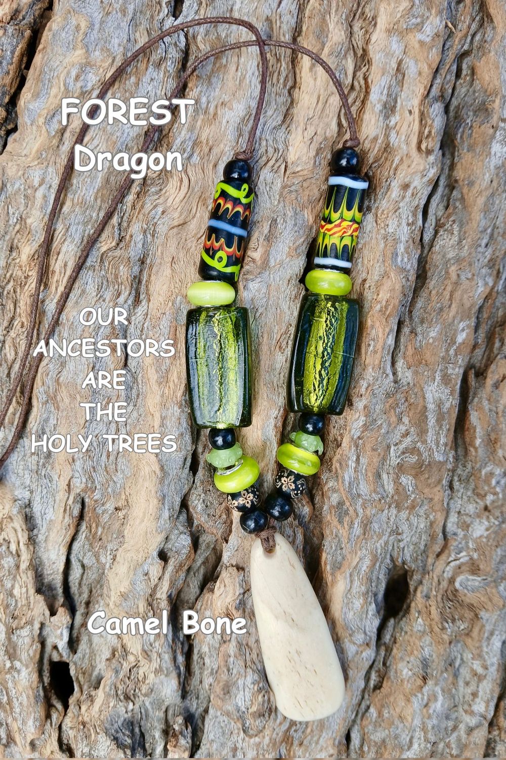 FOREST DRAGON power amulet with vintage beads and carved Camel Bone- Walking with the Tree Spirits- POWER from nature