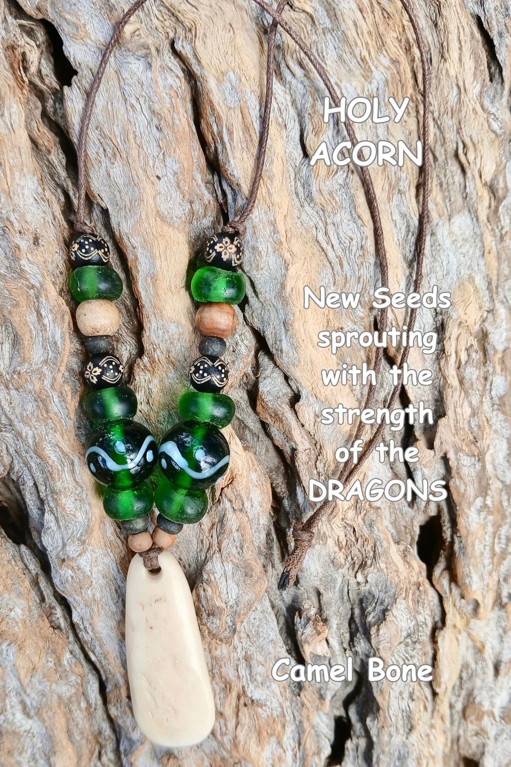 HOLY ACORN power amulet with vintage beads and carved Camel Bone - Soar in LOVE with the Dragons-POWER OF LOVE