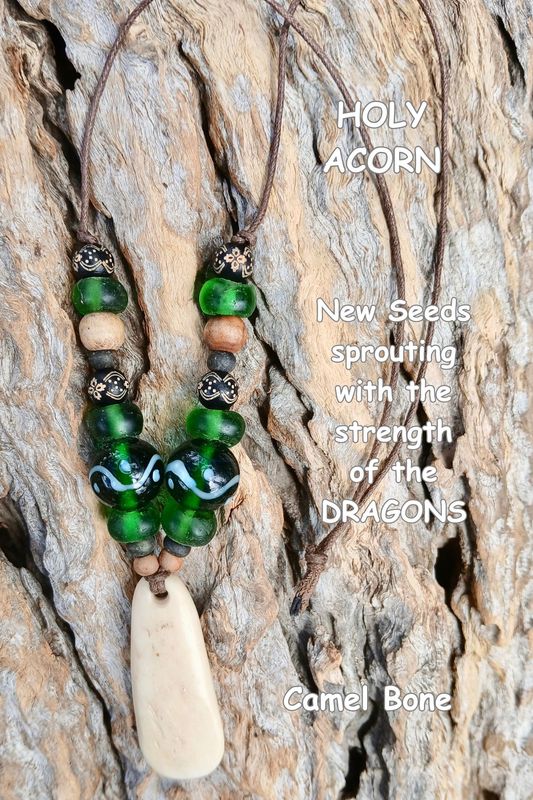 HOLY ACORN power amulet with vintage beads and carved Camel Bone - Soar in LOVE with the Dragons-POWER OF LOVE