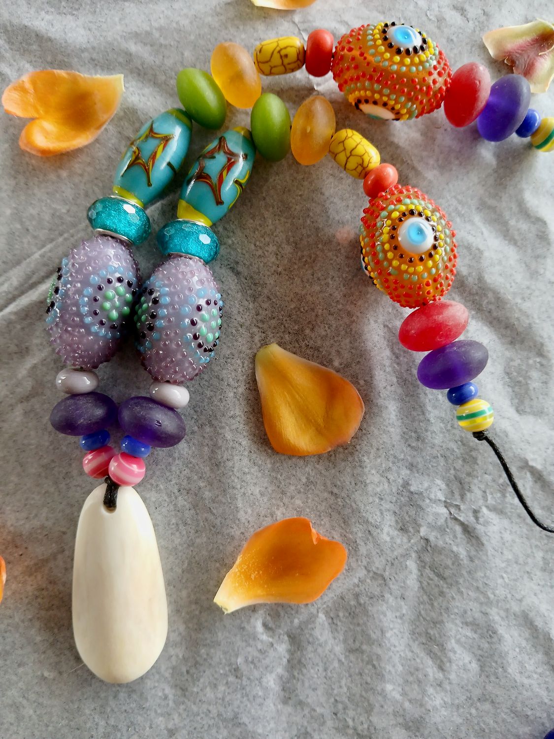 Rainbow Dragon power amulet with vintage beads and carved Camel Bone- RISE in the Beauty of who you are- nothing is holding you back
