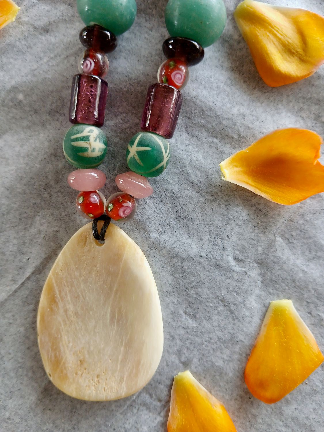 Faery Dragon power amulet with vintage beads and carved Camel Bone- Together we go into Enchanted Realms