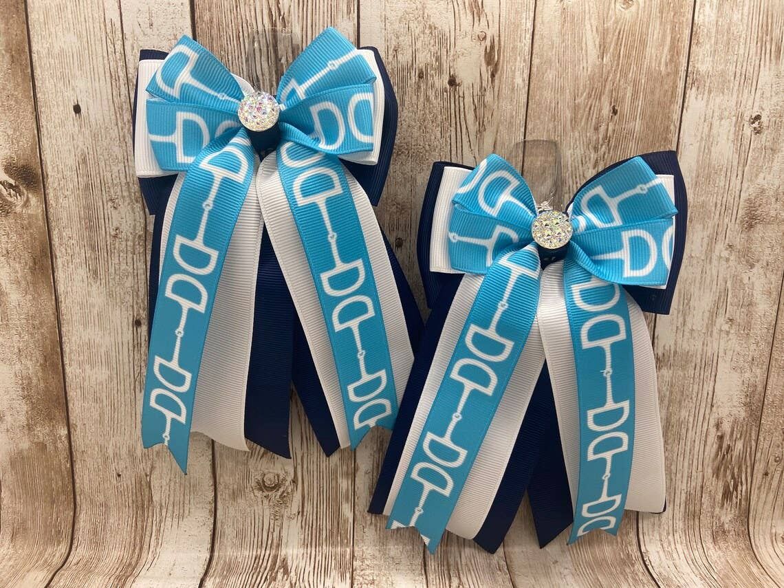 Horse Show Bows - Turquoise Bits on White and Navy