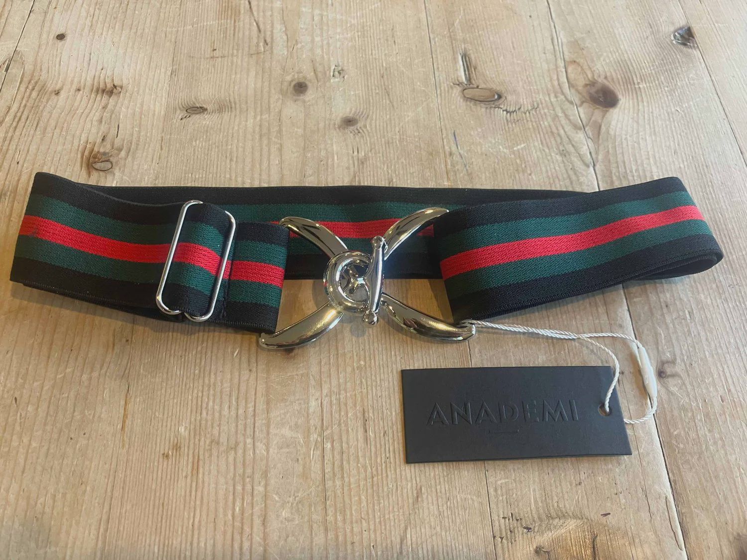Anademi Stetch Belt with Silver Stirrups, Color: black-green-red