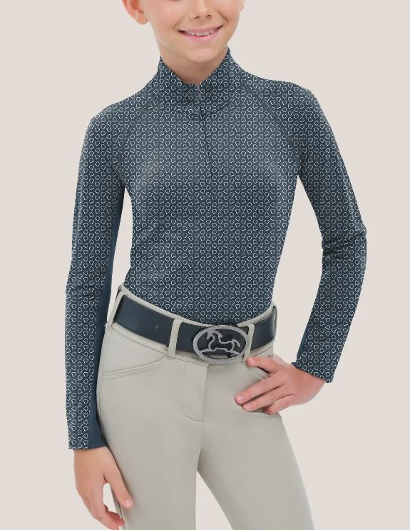 Libby Jr LS Quarter Zip, Color: navy-horseshoes, Size: xs-3