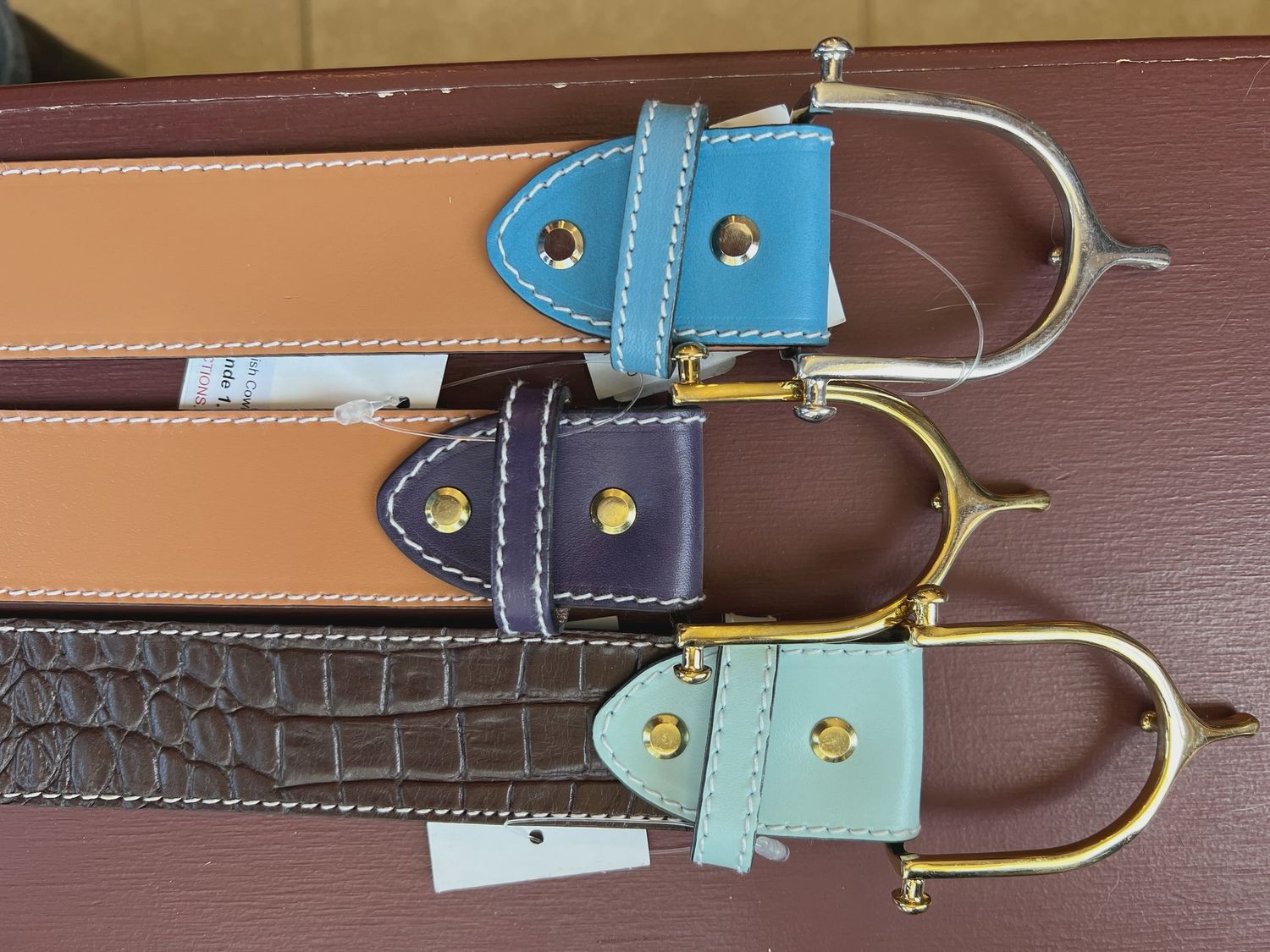 Leather Belt with Spur Buckle, Color: Brown Crocodile/Aqua/Gold