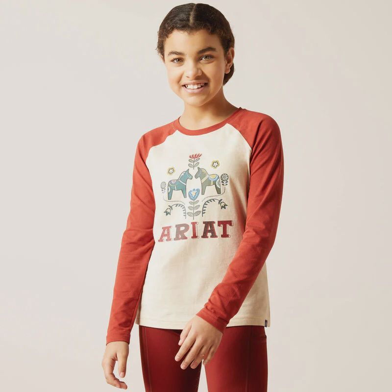 Youth Dala Horses LS T-Shirt, Color: Oat/Red, Size: S