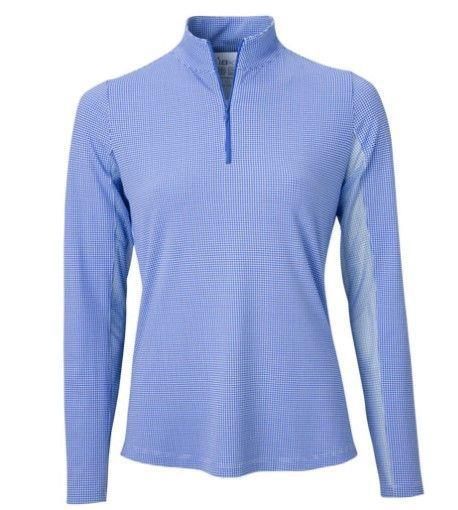 Mini Check L/S Mock Neck Top, Color: Blue/White, Size: M