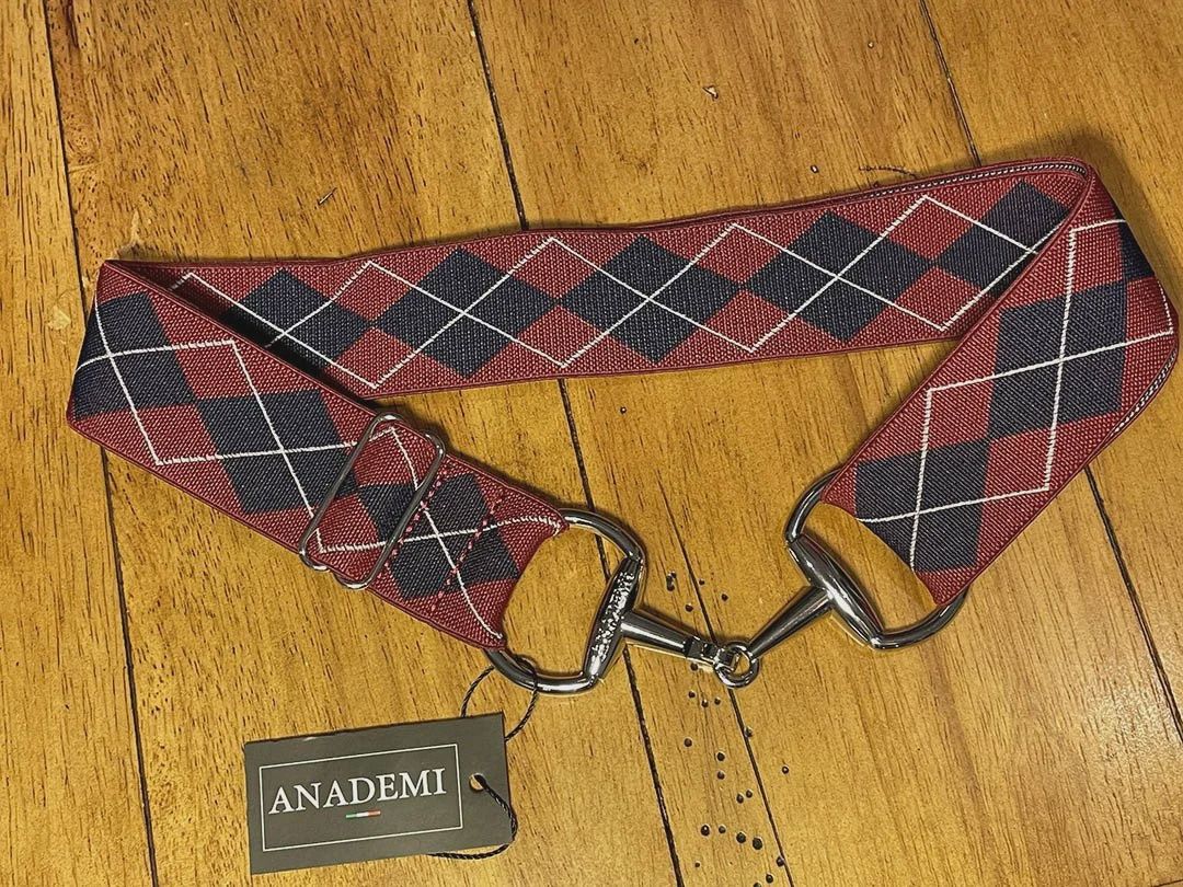 Anademi Stretch Belt with Silver Bit Buckle, Color: argyle-red-blue