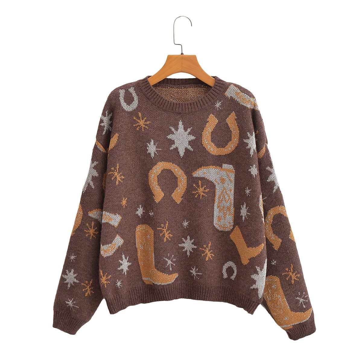 Western Cowboy Craze Sweater, Color: Coffee, Size: S