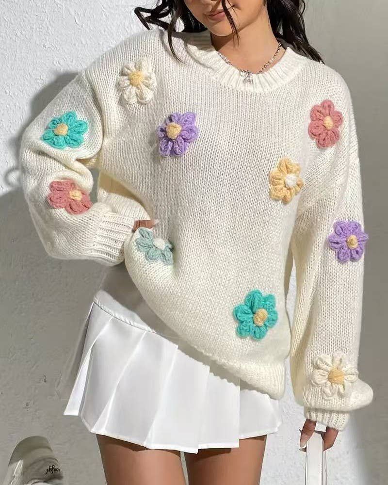 Floral Embellished Sweater, Color: White, Size: S