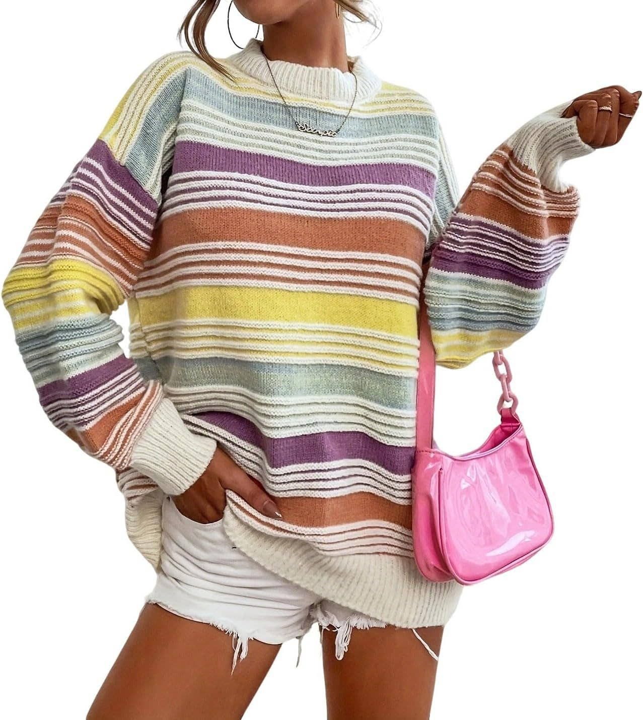 Striped Knit Sweater, Color: Yellow, Size: S