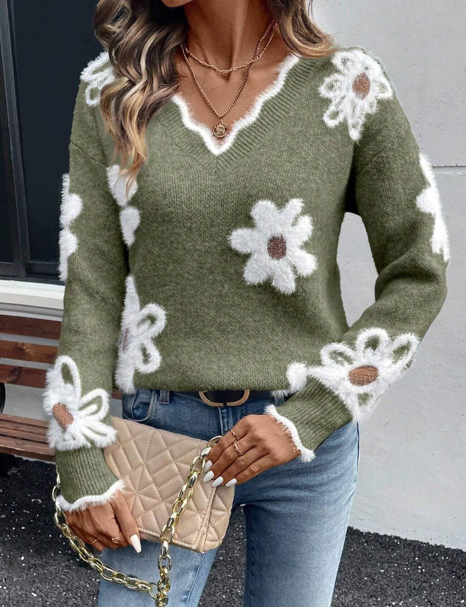 Sunny Dayz Knitted Floral Sweater, Color: Green, Size: M