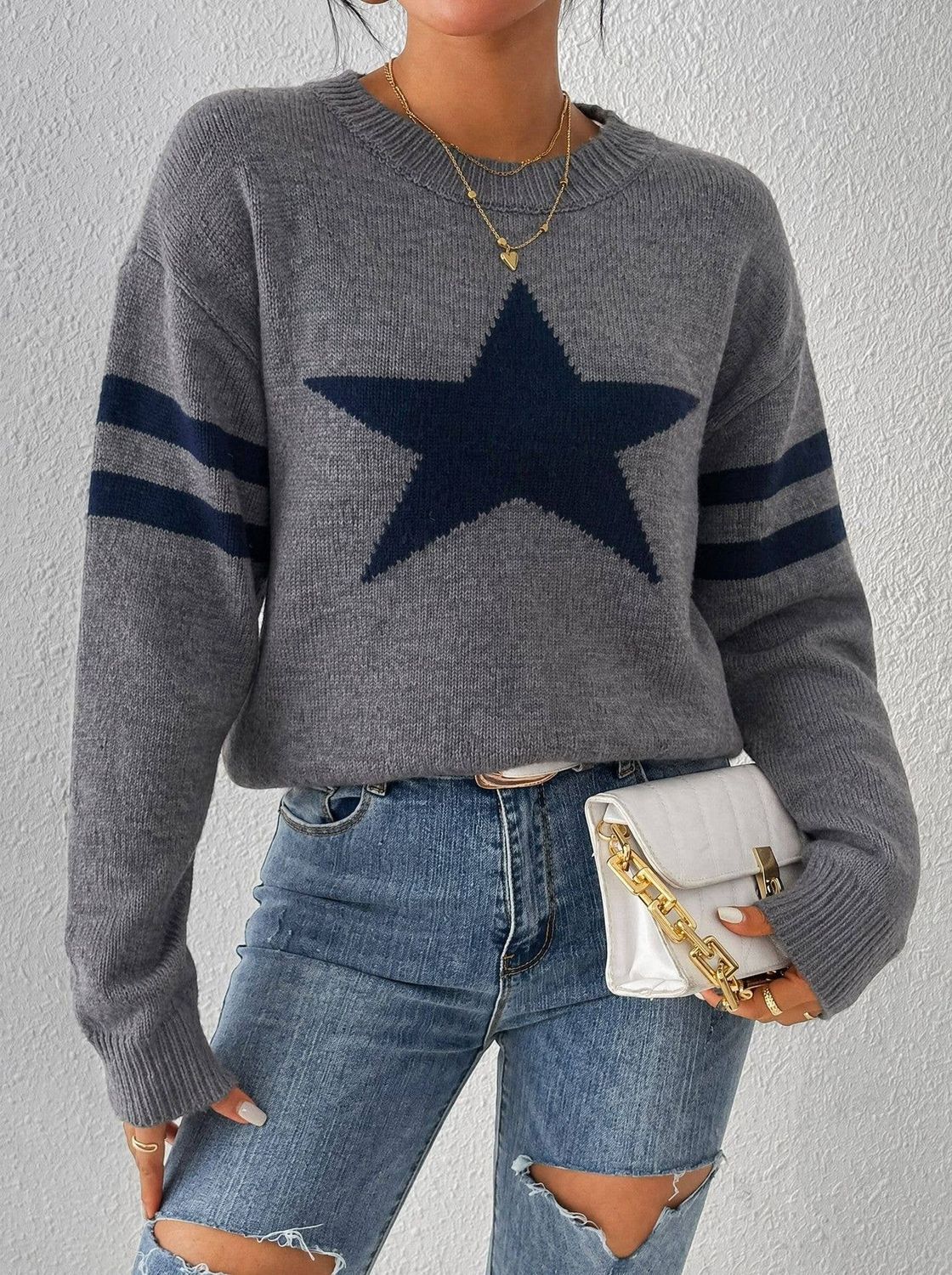 Star Pattern Knit Sweater Striped Sleeve Loose Knit Pullover, Color: Grey, Size: XL