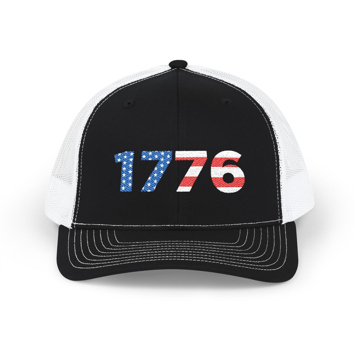 “1776” Embroidered Trucker Cap, Hat sizes: One size, Richardson Colors: Black / White