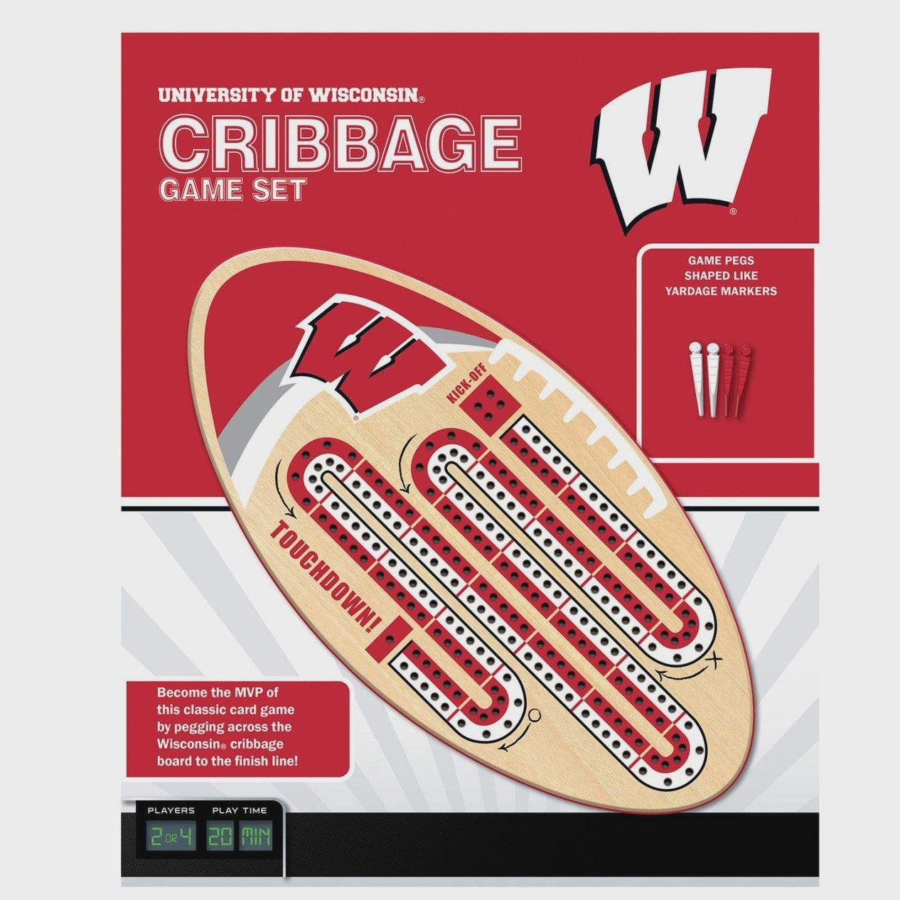 MasterPieces NCAA Wisconsin Badgers Unique Wooden Cribbage Board with Custom Pegs