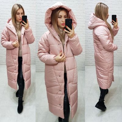 Жіночий зимовий довгий пуховик -ковдра. Колір рожева пудра