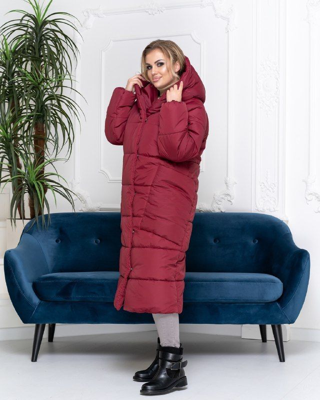 Куртка жіноча кокон довга зимова в стилі ковдра. Колір бордо