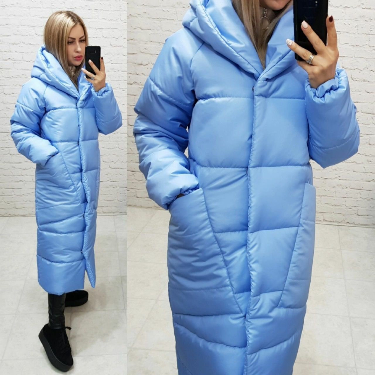Жіночий довгий пуховик зимовий. Колір блакитний