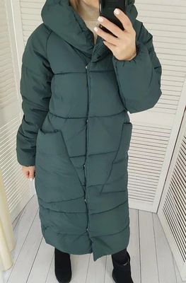 Куртка жіноча пуховик пальто оверсайз. Колір темно зелений