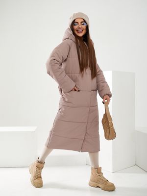 Пальто жіноче зимове оверсайз з капюшоном. Колір кава