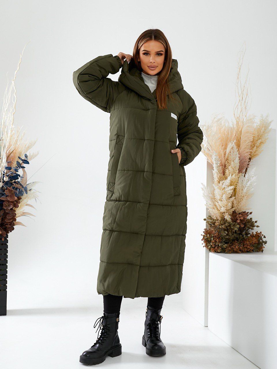 Жіноча зимова довга куртка пальто. Колір хакі