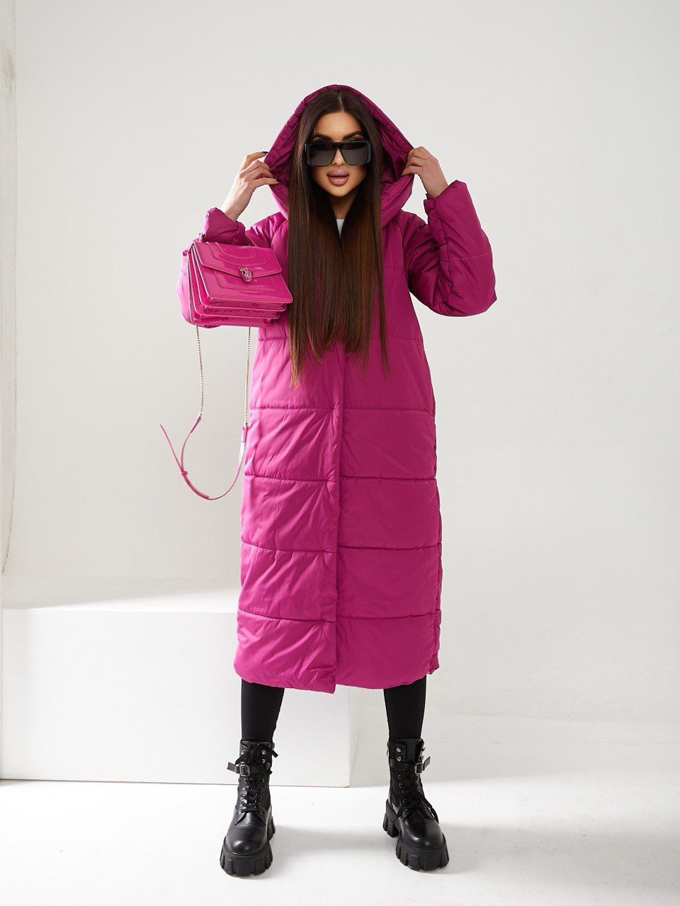 Довгий жіночий пуховик ковдра. Колір малина