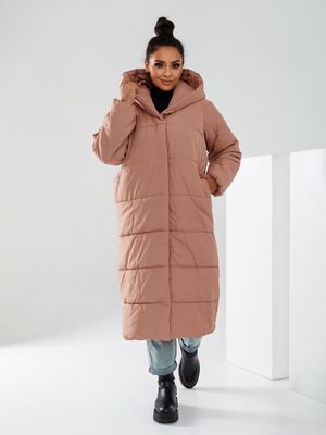 Пальто пуховик жіночий зимовий оверсайз з капюшоном. Колір персик
