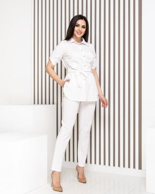 Білий жіночий брючний лляний брючний костюм літній