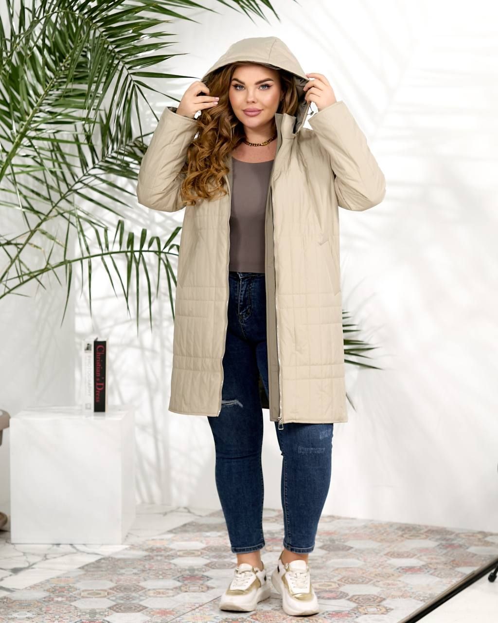 Стьобана куртка з капюшоном, арт. А5122, беж