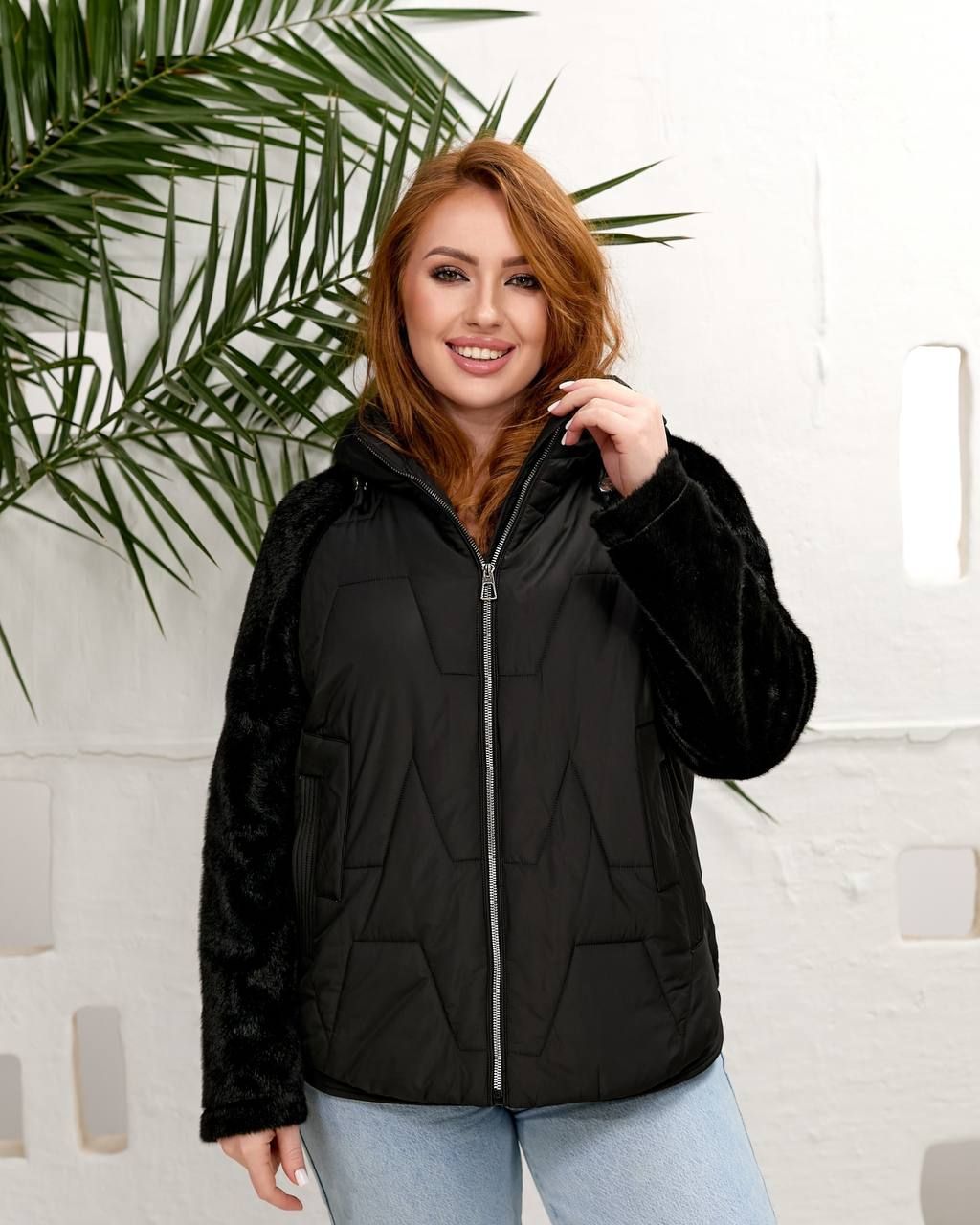 Куртка демі з рукавом з хутра, арт.А7037, чорний