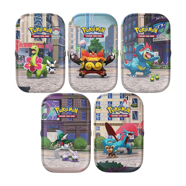 Zestaw 5 puszek Pokémon TCG Lumiose City Mini Tin prezentujący wszystkie warianty graficzne opakowań