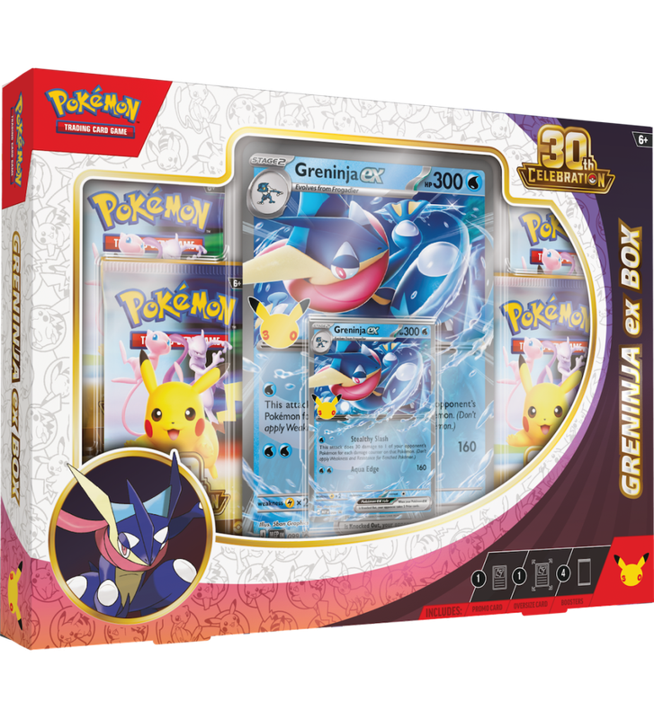 Zestaw Pokemon TCG 30th Celebration Ex Box Greninja ex z karta promocyjna, karta wielkoformatowa oversize i 4 boosterami.