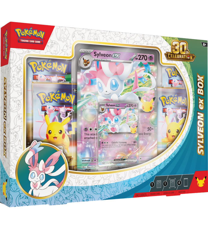 Zestaw Pokemon TCG 30th Celebration Ex Box Sylveon ex z karta promocyjna, karta wielkoformatowa oversize i 4 boosterami.