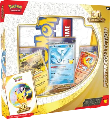 Zestaw Pokemon TCG 30th Celebration Poster Collection z wielkim plakatem, 3 kartami promo ptakow i 3 boosterami.