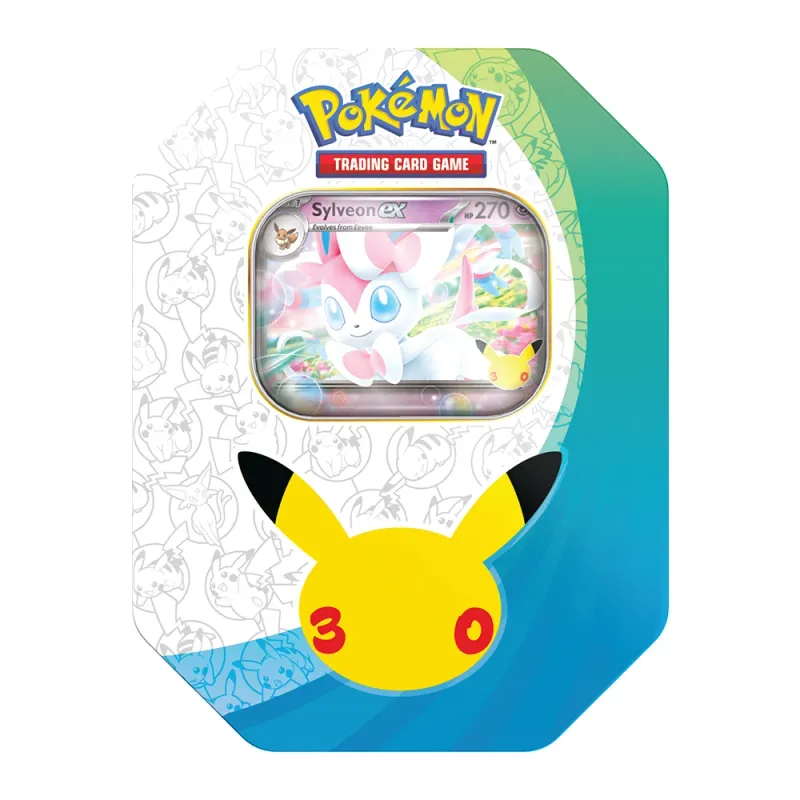 Metalowa puszka Pokemon TCG 30th Celebration Tin Sylveon ex z karta promocyjna foil i 4 rocznicowymi boosterami.