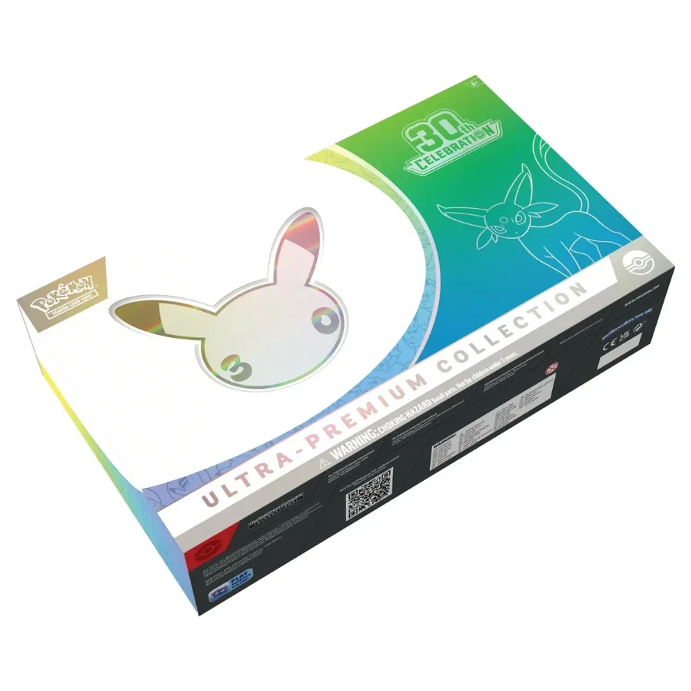 Pudełko Pokémon TCG 30th Celebration Ultra Premium Collection Day z grafiką Espeon ex.
