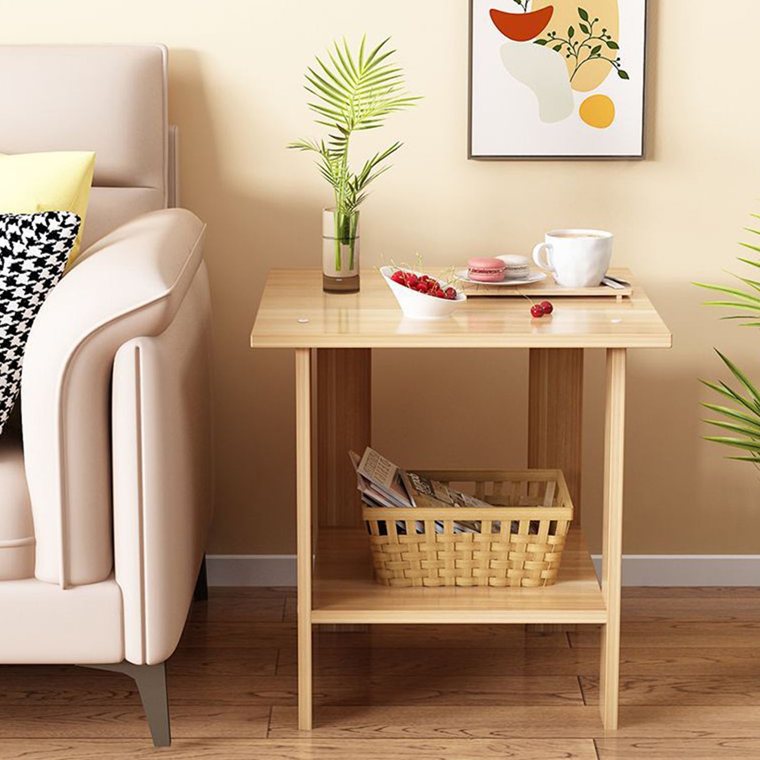 Wooden Double Layers Side Table Small Table Sofa Side Table Home Living Room Small Apartment Coffee Table Bedside Rack