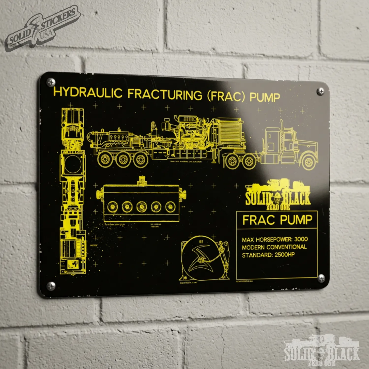 Frac Pump Black &amp; Yellow Blueprint Metal Sign