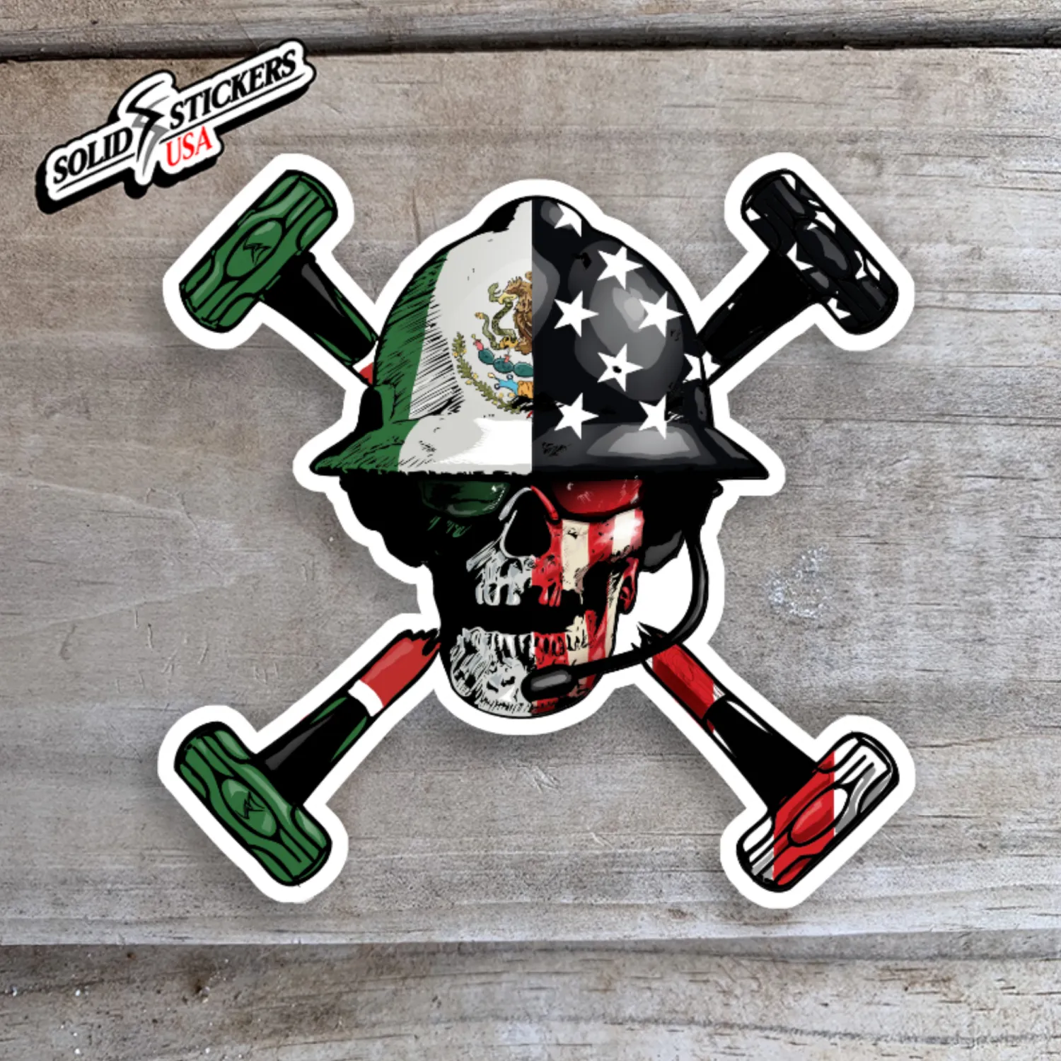 Skull &amp; Hammers Mexican-American Flags Vinyl Sticker