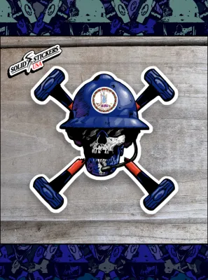 Oilfield Skull &amp; Hammers With Virginia Flag Vinyl Sticker on a wooden Surface