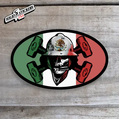 Oilfield Skull &amp; Hammers Mexico Flag Oval Vinyl Sticker